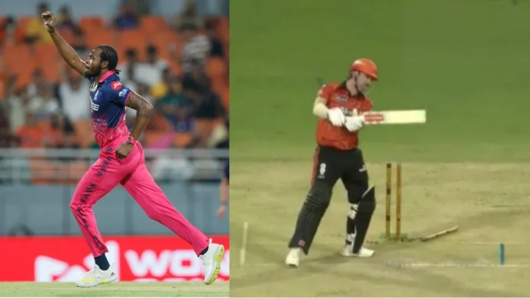 Jofra Archer castles Travis Head in the Eliminator of IPL 2026 – आईपीएल 2026 एलिमिनेटर: जोफ्रा आर्चर ने ध्वस्त किया ट्रैविस हेड का विकेट, SRH संकट में